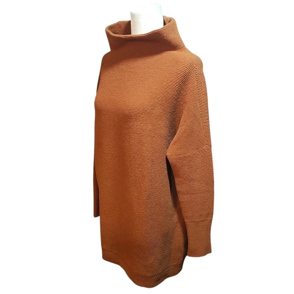 Free People Oversized Livvy Sweater Ribbed Mock Neck Rust Brown Boxy Lounge‎ XS